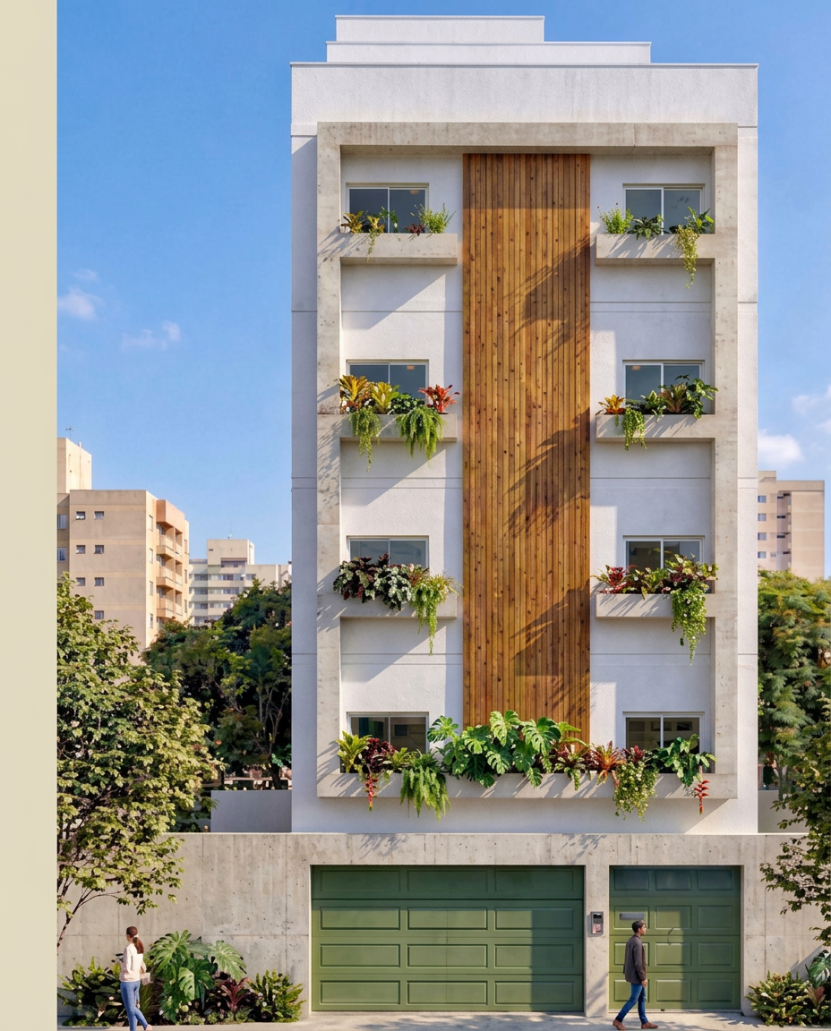 Fachada do Residencial Cavalcante, edifício com varandas ajardinadas