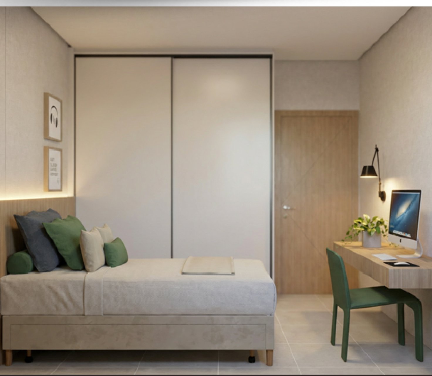Quarto com home office e armário planejado