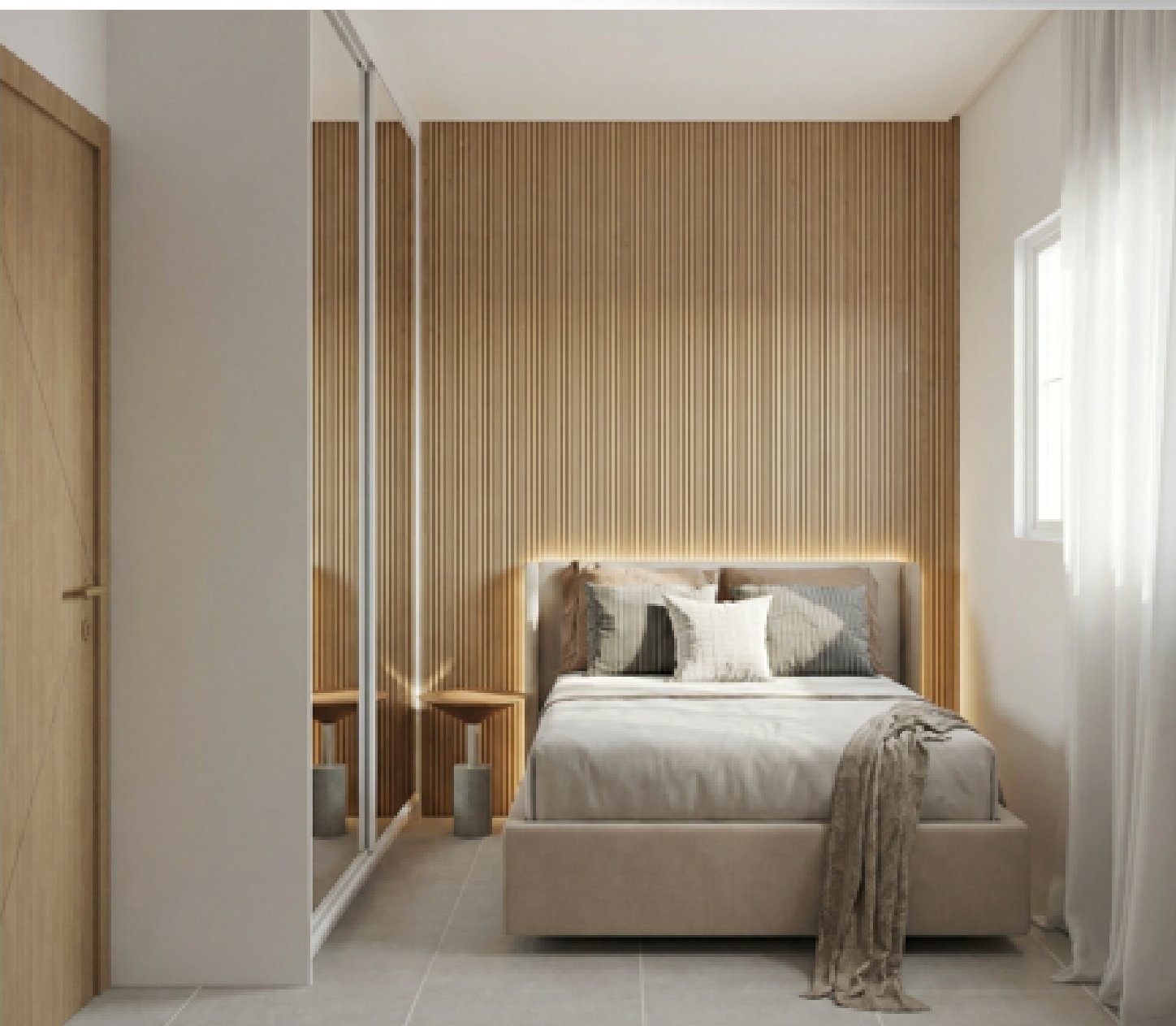 Quarto de casal com painel ripado de madeira