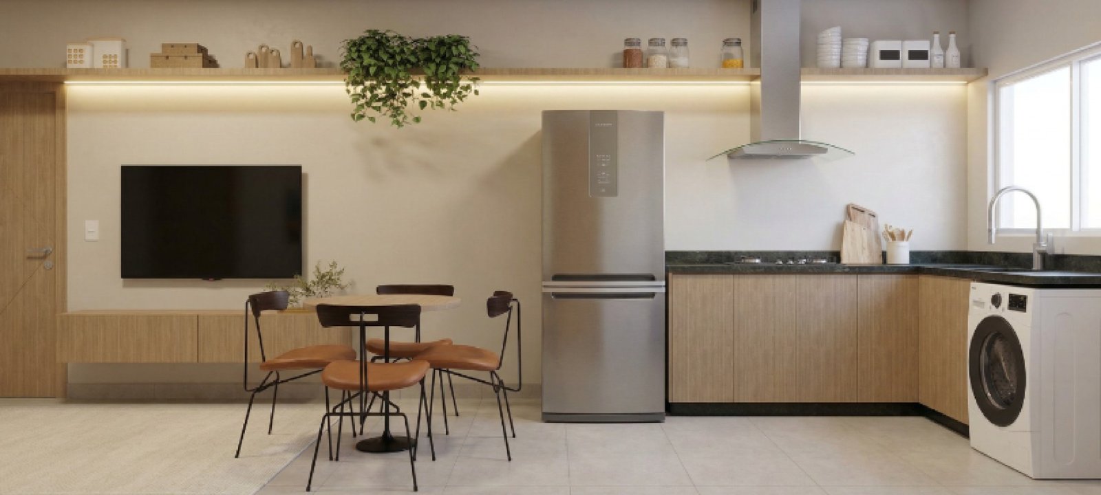 Sala integrada com cozinha americana do Residencial Cavalcante